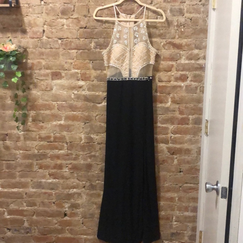 Long Prom Dress with Beaded Halter Top & Leg Slit